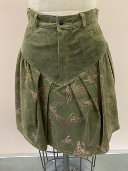 Womens, Skirt, THE LEATHER RANCH, Olive Green, Leather, W: 26, Top Pockets, Zip Front, Magenta Purple, Metallic Gold, & Pink Bird/Feather Images