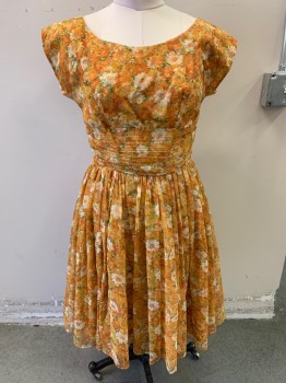 F. O'GRADY, Melon Orange, Silk, Floral, Sheer Chiffon, Cap Sleeves, Scoop Neck, Ruched Mid Section, Full Skirt, Back Zipper, Knee Length