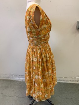 F. O'GRADY, Melon Orange, Silk, Floral, Sheer Chiffon, Cap Sleeves, Scoop Neck, Ruched Mid Section, Full Skirt, Back Zipper, Knee Length