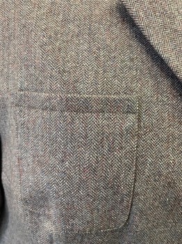 JONES NEW YORK, Brown, Wool, Polyester, Herringbone, Notched Lapel, 4 Buttons, 2 Pockets, Vents at Sides, Darts