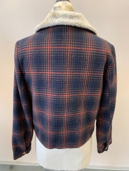 FOREVER 21, Navy Blue, Coral Orange, Tan Brown, Synthetic, Wool, Plaid, Zip Front, Faux Fur Collar, 2 Pckts, Patch Pockets With Flaps And Hidden Side Pockets