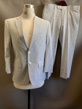 Mens, Suit, Jacket, Lauren, Ralph Lauren, Blue-Gray, White, Cotton, Stripes - Vertical , 38 S, Notched Lapel, 2 Front Buttons, Mother of Pearl Buttons
