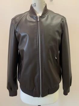 Mens, Leather Jacket, ZARA, Dk Brown, Leather, Solid, L, L/S, Zipper Front, Side And Chest, Collar Band,
