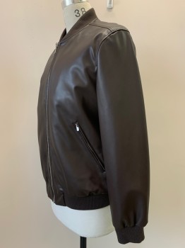 Mens, Leather Jacket, ZARA, Dk Brown, Leather, Solid, L, L/S, Zipper Front, Side And Chest, Collar Band,