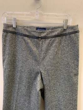 ANN TAYLOR PETITES, Gray, Lt Gray, Black, Wool, Nylon, Birds Eye Weave, Speckled, High Waist, Straight Leg, Thin Black Pleather Strip Around Waist with Tiny Silver Rectangular "Buckle" Detail at Center Front, Invisible Zipper at Side, No Pockets