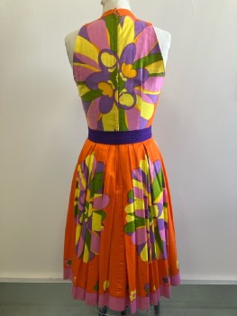 KIM KORY, Orange/ Multi-color, V Neck, Sleeveless, Pleated, Back Zip, Purple Waist Belt