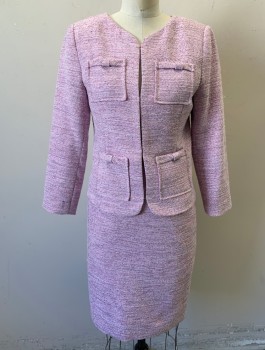 Womens, Suit, Jacket, CECE, Lilac Purple, Lt Pink, Black, Red, Poly/Cotton, Speckled, B 32, XS, Horizontal Ribbed Texture, 3/4 Sleeves, Round Neck, No Lapel, Hook & Eye Closures at Front, 4 Patch Pockets, Light Pink Lining