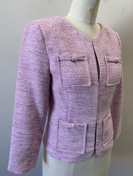 CECE, Lilac Purple, Lt Pink, Black, Red, Poly/Cotton, Speckled, Horizontal Ribbed Texture, 3/4 Sleeves, Round Neck, No Lapel, Hook & Eye Closures at Front, 4 Patch Pockets, Light Pink Lining