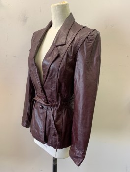 Womens, Leather Jacket, BERMAN'S, Cordovan Red, Leather, Solid, W:26, B:32, 2 Covered Buttons, Notched Lapel, **Matching BELT Woven Through Waistband, Fitted