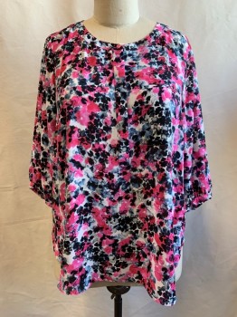 Womens, Top, NYDJ, Pink, Blue-Gray, White, Black, Gray, Polyester, Floral, 1X, 1/2 Button Front Placket, Band Scoop Collar, 1 Welt Pocket, Short Sleeves with Button Cuff, Pleated at Back Neck