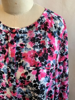 Womens, Top, NYDJ, Pink, Blue-Gray, White, Black, Gray, Polyester, Floral, 1X, 1/2 Button Front Placket, Band Scoop Collar, 1 Welt Pocket, Short Sleeves with Button Cuff, Pleated at Back Neck
