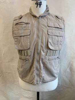 Mens, Wilderness Vest, ROTHCO, Khaki Brown, Poly/Cotton, L, Stand Collar, Zip Front, 6 Pockets at Front, 1 Large Pocket at Center Back, Pocket at Neck to Conceal Hood, Epaulets