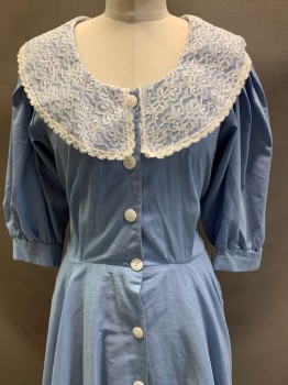 Milarzo, Lt Blue, White, Polyester, Cotton, Floral, L/S, Lace Collar, Button Front, Waist Tie, Pleated, Side Pockets