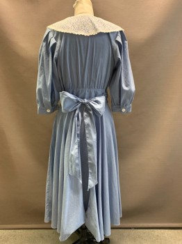 Milarzo, Lt Blue, White, Polyester, Cotton, Floral, L/S, Lace Collar, Button Front, Waist Tie, Pleated, Side Pockets