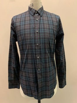 THEORY, Black, Teal Blue, Charcoal Gray, Purple, Cotton, Plaid, L/S, Button Front, Collar Attached,