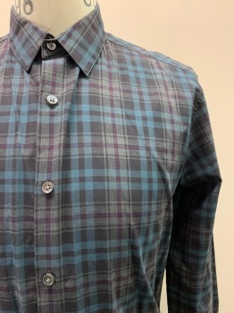 THEORY, Black, Teal Blue, Charcoal Gray, Purple, Cotton, Plaid, L/S, Button Front, Collar Attached,