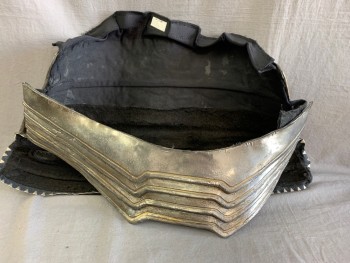 MTO, Silver, Rubber, Leather, SUIT of ARMOR: Fauld: Silver Rubber Aged to Look Like Metal, Gold Embossed Detail, Molded Faux Tiered Plates, Velcro Sides, Hangs at Bottom of Breast Plate