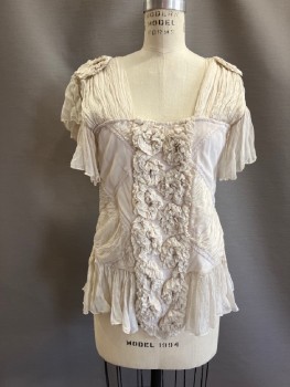 SHALITE, Ecru, Viscose, Solid, Multi-texture, Satin, Crepe, Sheer Gauze, Square Neck, Wide Heavily Pleated Straps, Florets At Shoulders, Fluttery Sleeve Caps, Elastic Smocked Back, Ribbon Trim Applique In Diamond Pattern Front, Gathered Double Ruffle Trim Pattern Panel CF, Ruffle Hem