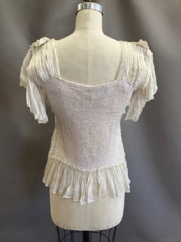 SHALITE, Ecru, Viscose, Solid, Multi-texture, Satin, Crepe, Sheer Gauze, Square Neck, Wide Heavily Pleated Straps, Florets At Shoulders, Fluttery Sleeve Caps, Elastic Smocked Back, Ribbon Trim Applique In Diamond Pattern Front, Gathered Double Ruffle Trim Pattern Panel CF, Ruffle Hem