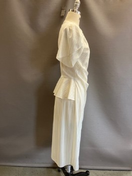 KR OF NY, Cream, Silver, Polyester, Lurex, Stripes - Shadow, Self Satin Stripes, CN, Wrap Dress, Tulip S/S, Pleats Gathered Into 4 Button Loop Closure At Left Hip, Cutaway Font Panel with Ruffle, Peplum Back Waist