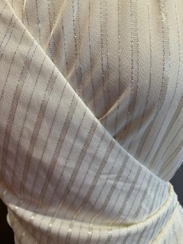 KR OF NY, Cream, Silver, Polyester, Lurex, Stripes - Shadow, Self Satin Stripes, CN, Wrap Dress, Tulip S/S, Pleats Gathered Into 4 Button Loop Closure At Left Hip, Cutaway Font Panel with Ruffle, Peplum Back Waist