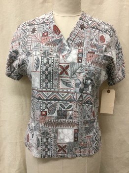 EXCELLENT HAWIIA , Sienna Brown, Faded Black, Gray, White, Cotton, Polyester, Hawaiian Print, V-neck, Short Sleeves, Pullover, Inside Out Faded Look