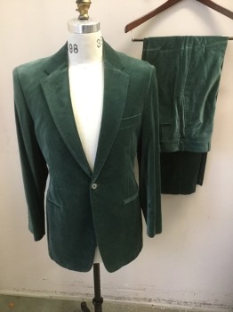 Mens, Suit, Jacket, J.H. CUTLER, Jade Green, Cotton, 38L, Made To Order, Single Breasted, 1 Button, Notched Lapel, 3 Buttons,  Velveteen