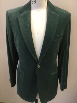 Mens, Suit, Jacket, J.H. CUTLER, Jade Green, Cotton, 38L, Made To Order, Single Breasted, 1 Button, Notched Lapel, 3 Buttons,  Velveteen