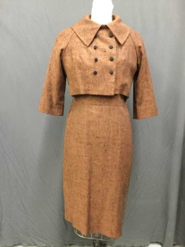 Womens, 1960s Vintage, Suit, Dress, Rust Orange, Wool, 28, 36, Short Sleeve,  Round Neck,  Zip Back, Slubbed