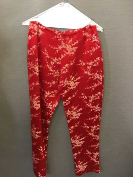 Womens, Pants, N/L, Red, Peach Orange, Floral, Peach Cherry Blossoms, Slim/Tapered Leg, Invisible Zipper At Center Back