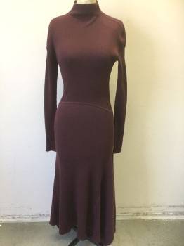Womens, Dress, Long & 3/4 Sleeve, THEORY, Dk Purple, Acrylic, Wool, Solid, M, Ribbed Knit Sweater Dress, Long Sleeves, Mock Neck, Ankle Length Hem with Bias Cut Godets at Side of Hem