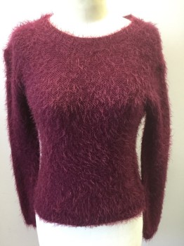 Womens, Pullover, AMBIANCE, Red Burgundy, Acrylic, Nylon, Solid, S, Feathered/Eyelash Knit, Long Sleeves, Wide Scoop Neck