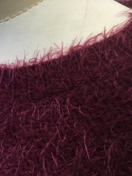 Womens, Pullover, AMBIANCE, Red Burgundy, Acrylic, Nylon, Solid, S, Feathered/Eyelash Knit, Long Sleeves, Wide Scoop Neck