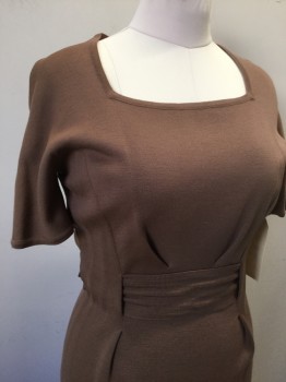 ALED ORIGINAL, Brown, Polyester, Solid, Square Neck, Short Sleeves, Double Knit Sweater Dress, Matching Tie Belt That Slips Through Dress
