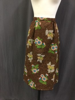 Womens, 1960s Vintage, Suit, Skirt, N/L, Brown, Kelly Green, Turquoise Blue, Rose Pink, Lt Beige, Polyester, Floral, 23W, Thatch Print with Fanciful Flowers, A-line with Little Gathers Front Side Waistband, Back Zipper, Back Slit