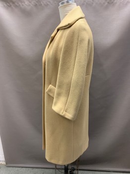 Womens, Coat, NO LABEL, Tan Brown, Wool, 38, 3/4 Sleeve, Gold Buttons, Button Front, Collar Attached, Double Breasted, 2 Welt Pockets with Flaps, Hem Below Knee