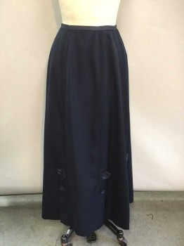 N/L, Navy Blue, Cotton, Polyester, Solid, Gabardine, Gored Panels, with Flat Felled Seam Edges, Decorative Tabs with Oversized Navy Buttons At Hem, 1/2" Wide Grosgrain Waistband, Adjustable Hook & Eye Closures At Center Back Waist, Floor Length Hem, Made To Order,