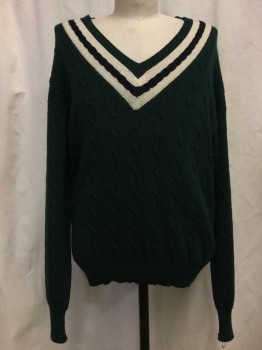 Mens, Sweater, EVERGREEN, Forest Green, Cream, Navy Blue, Wool, Solid, Stripes, M, Forrest Green Cable Knit, Cream/ Navy Braided Stripe V-neck, Long Sleeves,