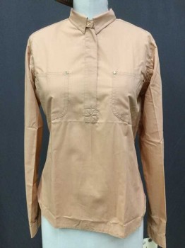 Womens, Blouse, G. PELLINI, Salmon Pink, Polyester, Cotton, Solid, L, Light Salmon, Collar Attached, 10" Hidden Zip Front, W/gold Snap, Long Sleeves, 2 Pockets W/gold Snaps