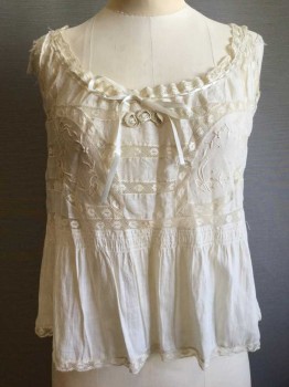Cream, Cotton, Lace, Floral, Ribbon Drawstring Neck, Floral Embroidery with Delicate Lace Trim & Stripes, Three Tiny Rose Appliqué On Center Front, Great Condition