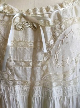 Cream, Cotton, Lace, Floral, Ribbon Drawstring Neck, Floral Embroidery with Delicate Lace Trim & Stripes, Three Tiny Rose Appliqué On Center Front, Great Condition
