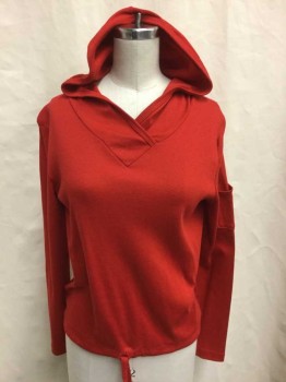 Womens, Top, LEVI'S, Tomato Red, Polyester, Cotton, Solid, S, Jersey, Long Sleeves, Hooded, Pullover, 1 Small Patch Pocket On One Sleeve, Drawstring Waist,