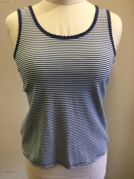 Womens, Tank Top, N/L, Navy Blue, White, Cotton, Stripes, B 36, Navy Solid Scoop Neck/Armholes