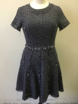 Womens, Dress, Short Sleeve, ELIZA J, Midnight Blue, White, Silver, Acrylic, Lurex, Grid , Speckled, 8, Midnight with White and Silver Metallic Grid Pattern Boucle, Short Sleeves, Scoop Neck with 1.5" Double Layer of Self Fabric Around Neck, Short Sleeves, Fringe Edge of Cuffs, Waist Seam, and Hem, A-Line, Hem Above Knee