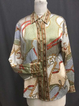 Womens, Blouse, TALBOTS, Sage Green, Rust Orange, Gray, Khaki Brown, Silk, Novelty Pattern, B 36-, 10, 38, Charmeuse. Long Sleeves, Collar Attached, Button Front,