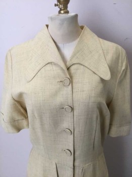 CHARLES HYMEN, Butter Yellow, Wool, Heathered, with Lt. Gray Crosshatched Streaks, Light/Summer Weight Wool, S/S, Shirtwaist, Long Curved Collar, Self Fabric Covered Buttons, 2 Peplum Like Pocket Flaps (Not Functional Pockets) with Self Button Detail, Straight Cut Skirt, Hem Below Knee, **Barcode is on Underside of Facing at Center Back Neck, Underneath "Charles Hymen" Logo