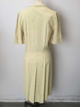 CHARLES HYMEN, Butter Yellow, Wool, Heathered, with Lt. Gray Crosshatched Streaks, Light/Summer Weight Wool, S/S, Shirtwaist, Long Curved Collar, Self Fabric Covered Buttons, 2 Peplum Like Pocket Flaps (Not Functional Pockets) with Self Button Detail, Straight Cut Skirt, Hem Below Knee, **Barcode is on Underside of Facing at Center Back Neck, Underneath "Charles Hymen" Logo