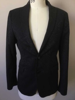 Mens, Sportcoat/Blazer, ZARA, Black, Polyester, Paisley/Swirls, 36, XS, Single Breasted, Solid Black Satin Collar Attached, Notched Lapel, 2 Buttons,  3 Pockets