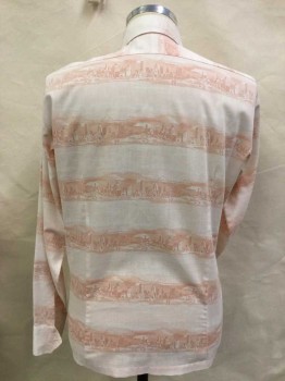 LANCER, Peach Orange, Polyester, Novelty Pattern, Stripes - Horizontal , Horizontal City Toile-like Print, Button Front, Long Sleeves, Exaggerated Collar, 1 Pocket, Multiples,