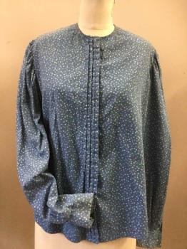 N/L, French Blue, Lt Blue, White, Cotton, Floral, Button Front Placket Concealed with Knife Pleat, Collarless, Long Sleeves Gathered at Shoulders and Button Cuffs,